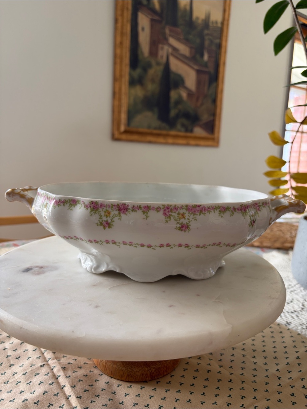 Limoges France Wm. Guérin White Porcelain Serving Bowl with Pink Floral Trim
